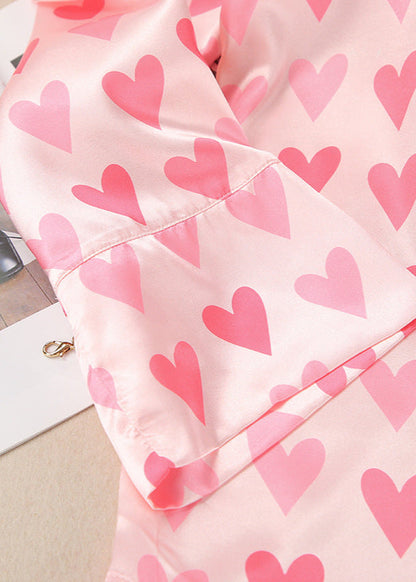 Heart Print Satin Pajama Set Relaxed Fit Pink