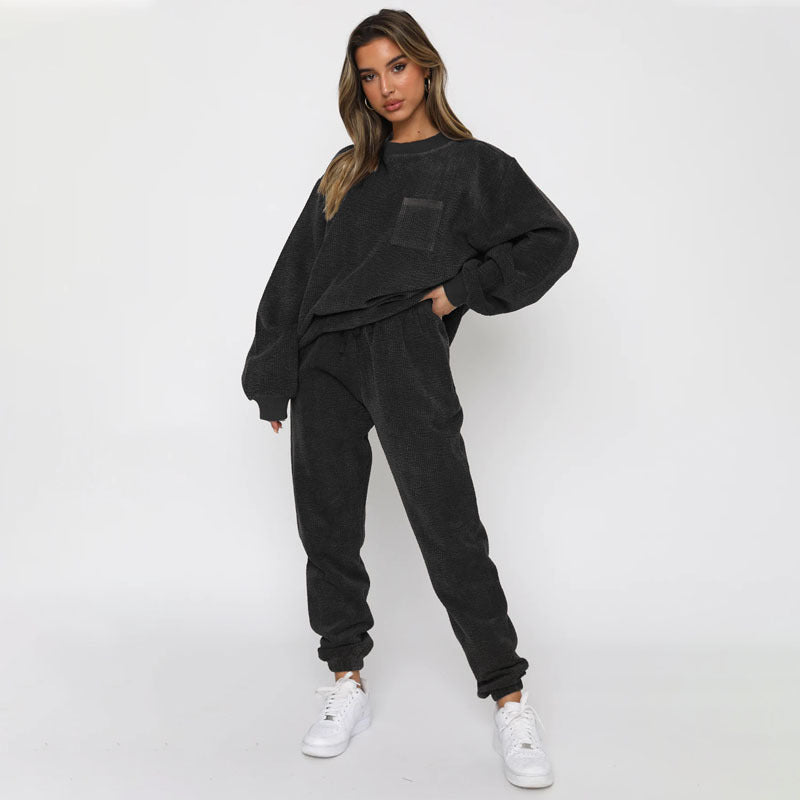 Solid Color Corduroy Casual Pullover Set