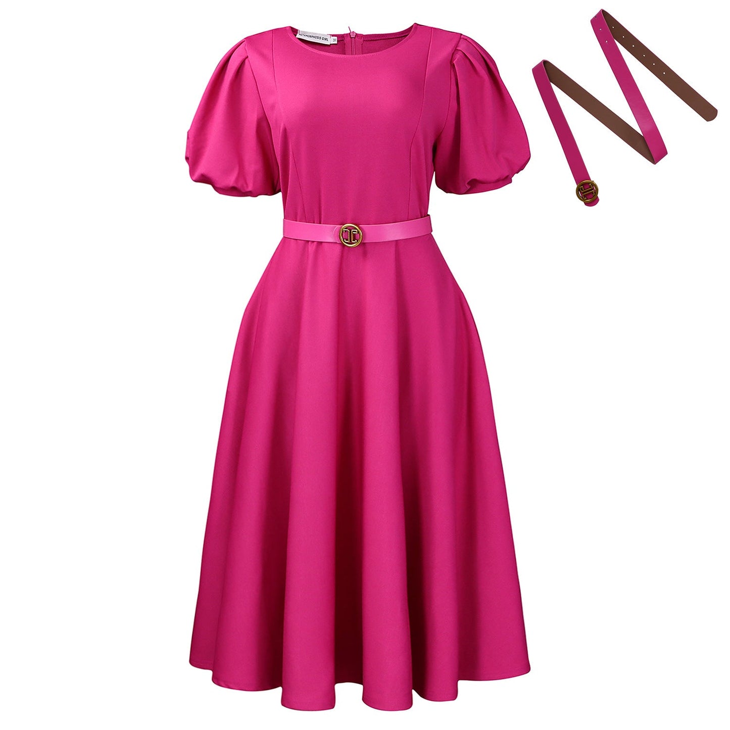 Elegant High-Waist A-Line Dress With Puff Sleeves