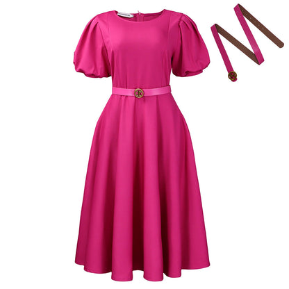 Elegant High-Waist A-Line Dress With Puff Sleeves