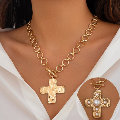Punk Inspired Metal Cross Necklace With Heart Pendant