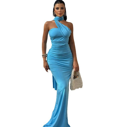Chic Solid Color Halter Neck Dress With Backless Design