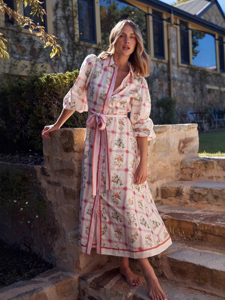 Floral Long Maxi Dress Elegant Casual Linen With Belt