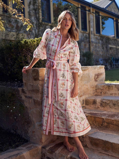 Floral Long Maxi Dress Elegant Casual Linen With Belt