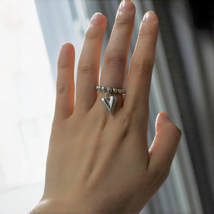 Vintage Beaded Heart Pendant Elastic Ring