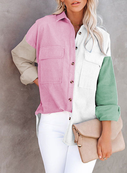 Contrast Corduroy-Breasted Loose Button Shirt
