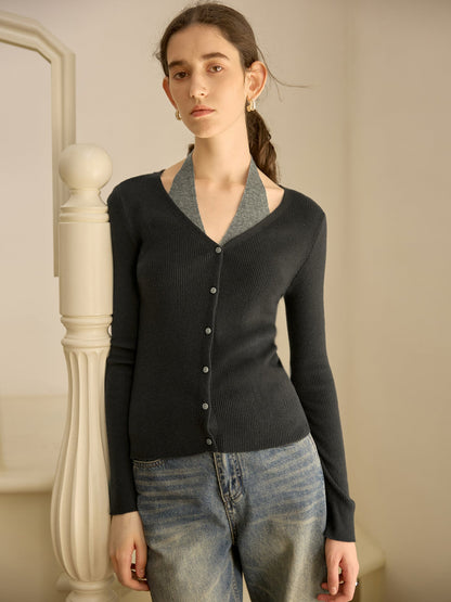 Color Block Knitted Top V-Neck Long Sleeve Wool Blend