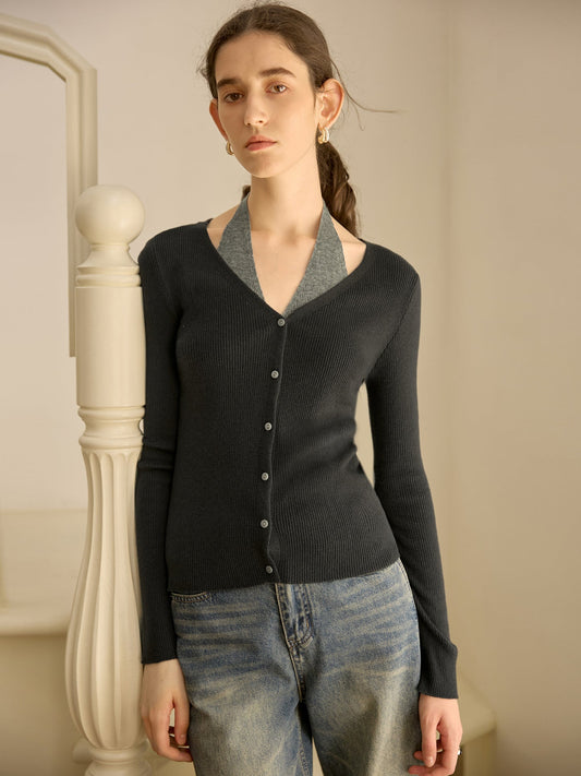 Color Block Knitted Top V-Neck Long Sleeve Wool Blend