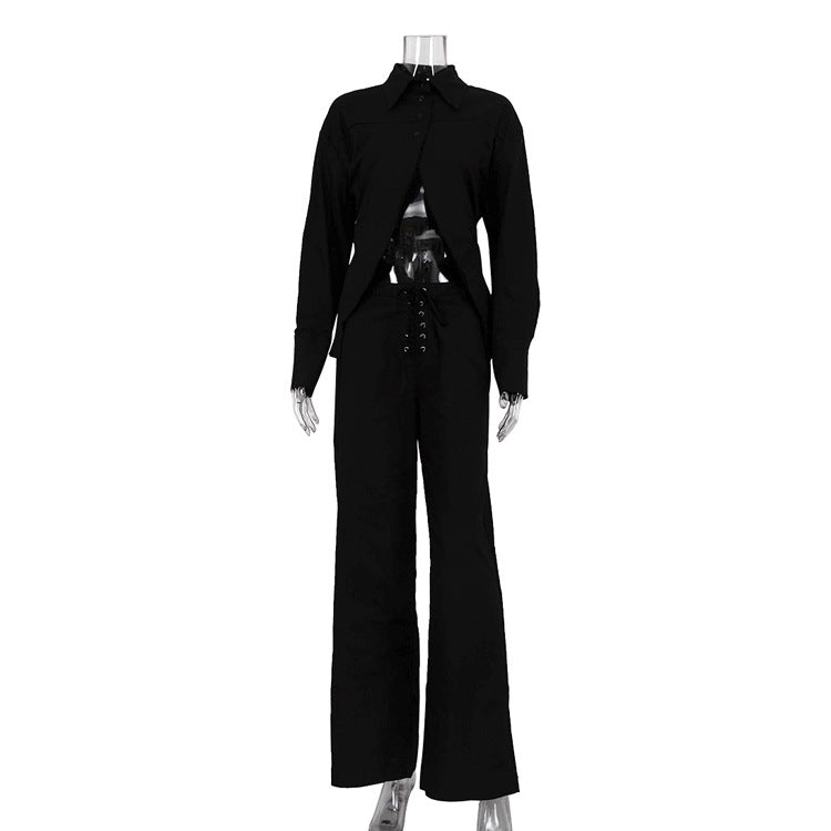 Trendy White Set with Cropped Design Shirt and Wide-Leg Pants
