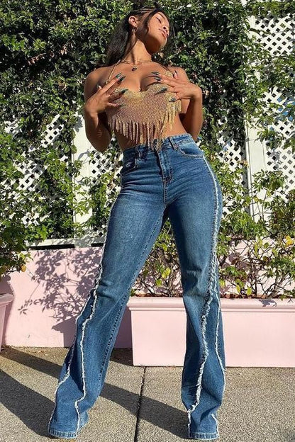 High-Waisted Distressed Denim Straight Leg Jeans