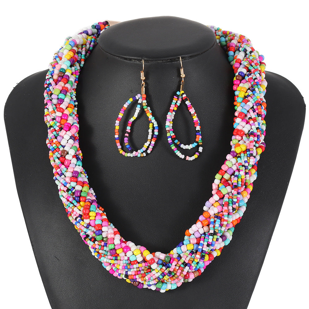 Colorful Multi-Layer Beaded Statement Necklace Set