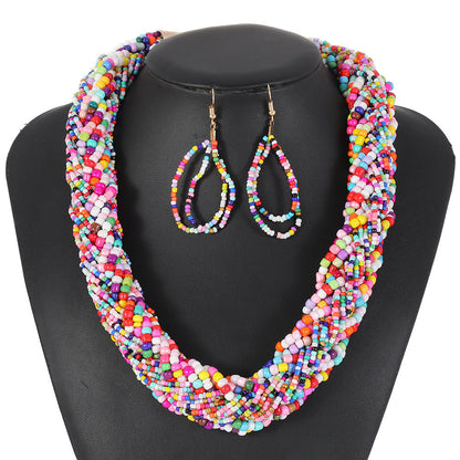 Colorful Multi-Layer Beaded Statement Necklace Set