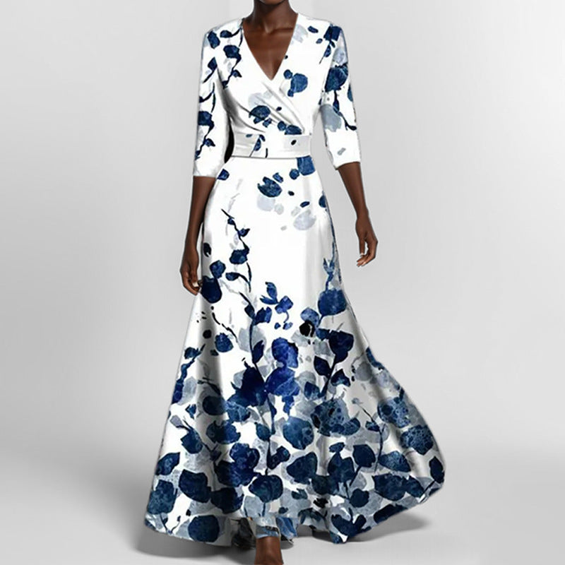 Elegant V-Neck Floral Print Midi Dress