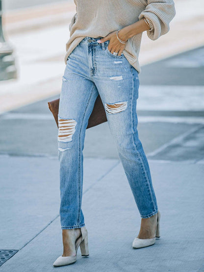 Women's Distressed High-Waisted Skinny Jeans Casual Denim Pants