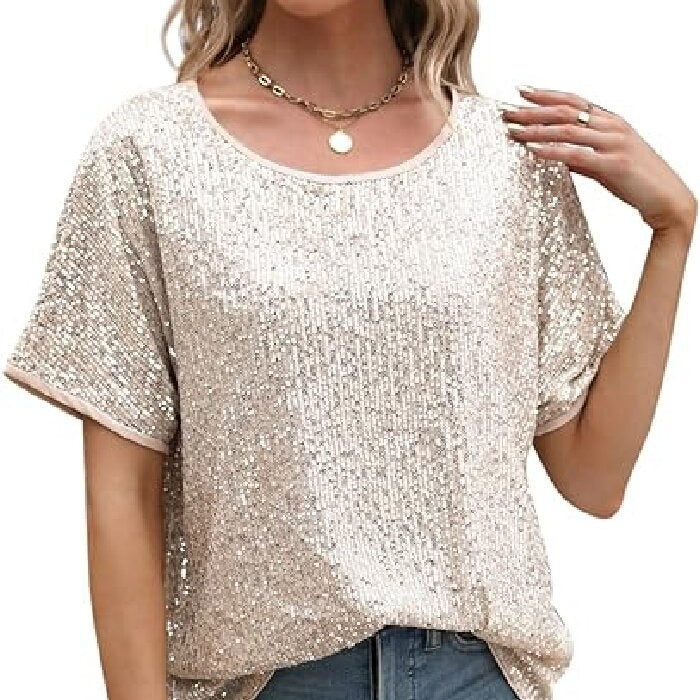 Sequin Deep V-Neck Short Sleeve Top