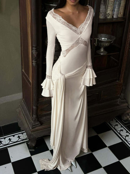 Elegant V-Neck Lace Trimmed Long Sleeve Dress