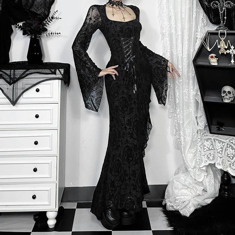 Elegant Black Velvet Long Sleeve Dress with Cross Design
