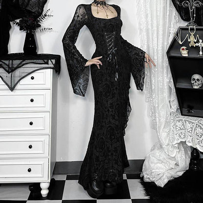Elegant Black Velvet Long Sleeve Dress with Cross Design