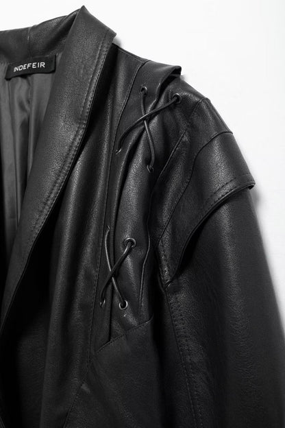 Cool Lapel Drawstring Belt Leather Jacket