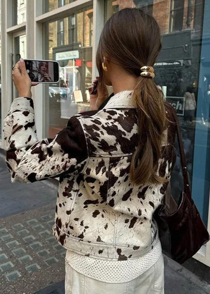 Cow Print Polyester Jacket With Chest Pockets