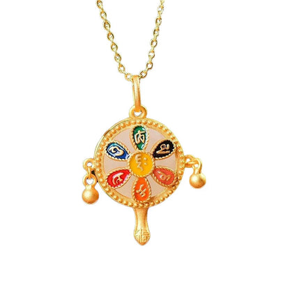 Ancient Gold Enamel Color Burned Blue And White Jade Six Characters Mantra Blessing Pendant Court Retro Women'S Accessories