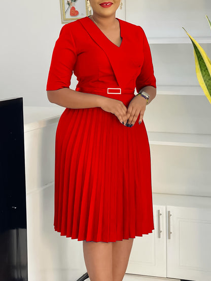 Elegant V-Neck A-Line Dress With Belt In Solid Colors