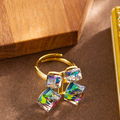Colorful Cubic Crystal Adjustable Open Ring For Women