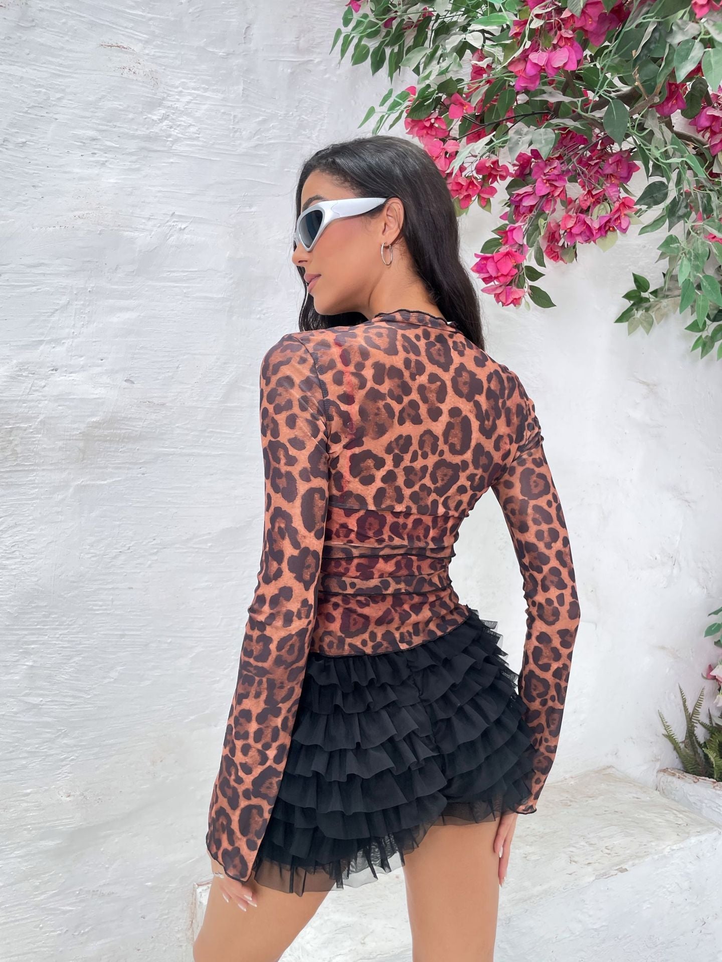 Fashionable Sheer Mesh Cardigan T-Shirt with Drawstring in Leopard Print Red