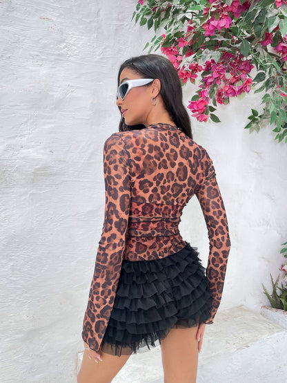 Fashionable Sheer Mesh Cardigan T-Shirt with Drawstring in Leopard Print Red