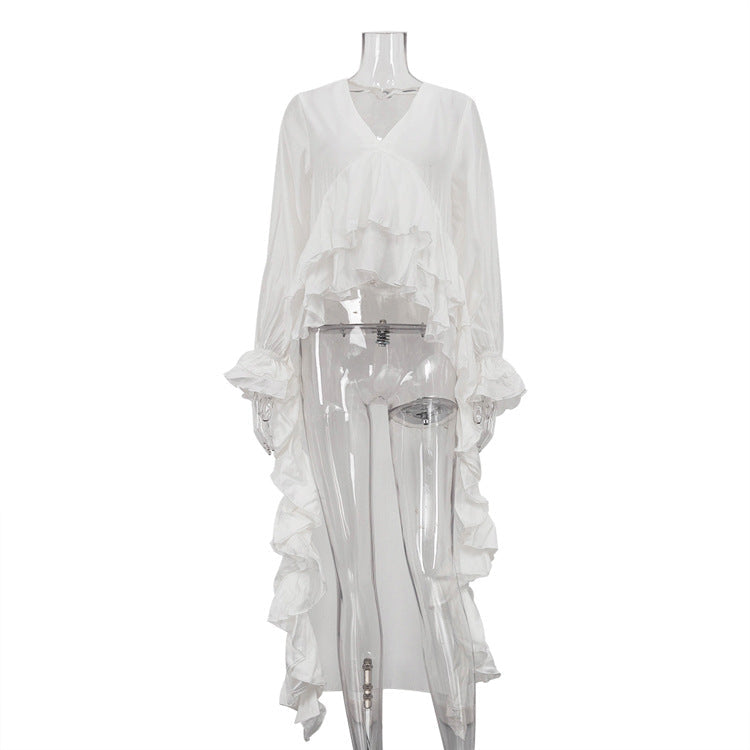 Ruffled Edge V-Neck Blouse with Bell Sleeves