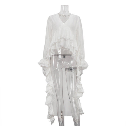 Ruffled Edge V-Neck Blouse with Bell Sleeves