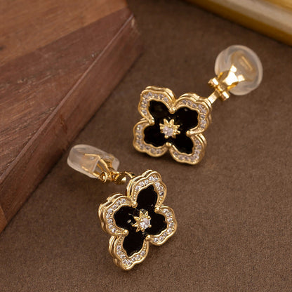 Gold Four Leaf Clover Zirconia Ear Clips For Women