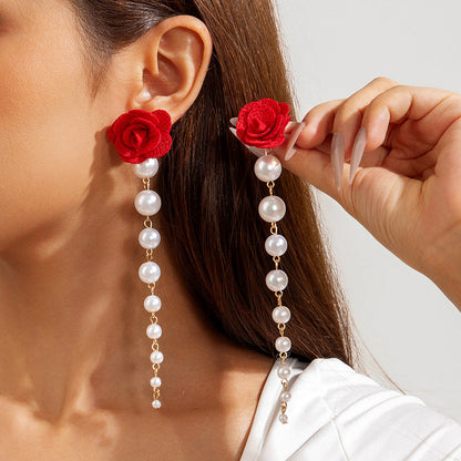 Colorful Pearl Flower Earrings Trendy Chic Fabric Design