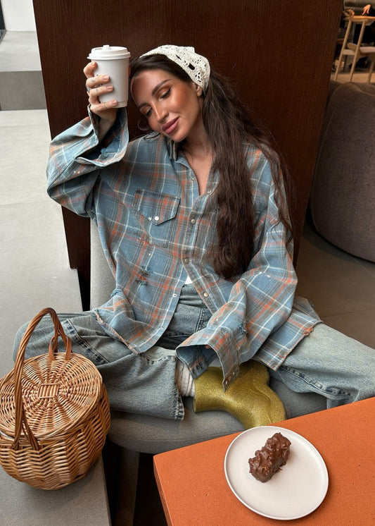Oversized Plaid Button Up Shirt Polyester Flannel