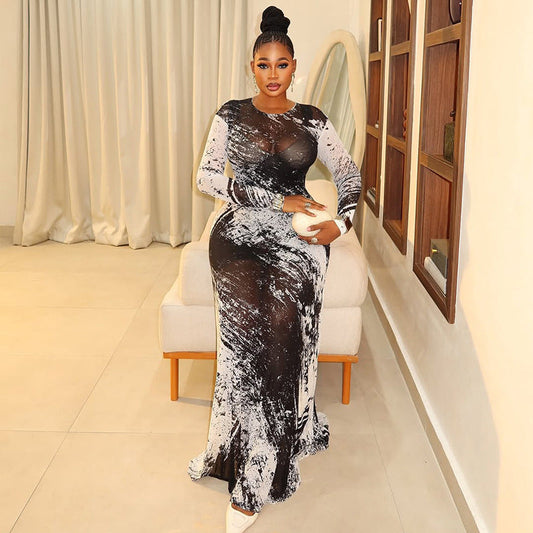 Trendy Abstract Print Bodycon Dress With Long Sleeves