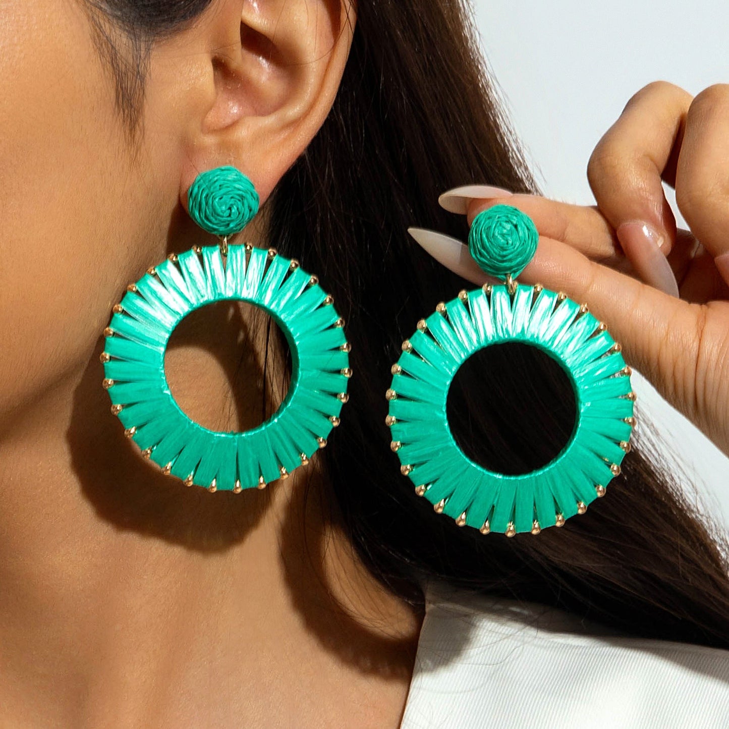 Handmade Woven Raffia Vacation Earrings Floral Design
