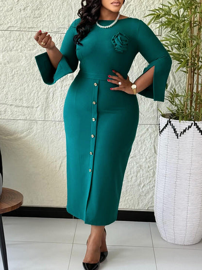 Elegant Floral Bodycon Dress For Work - Peacock Green, Cream, Purple, Navy
