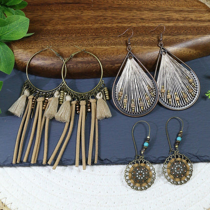 Bohemian Pearl Shell Long Tassel Earrings Geometric Circle Set