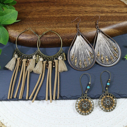 Bohemian Pearl Shell Long Tassel Earrings Geometric Circle Set