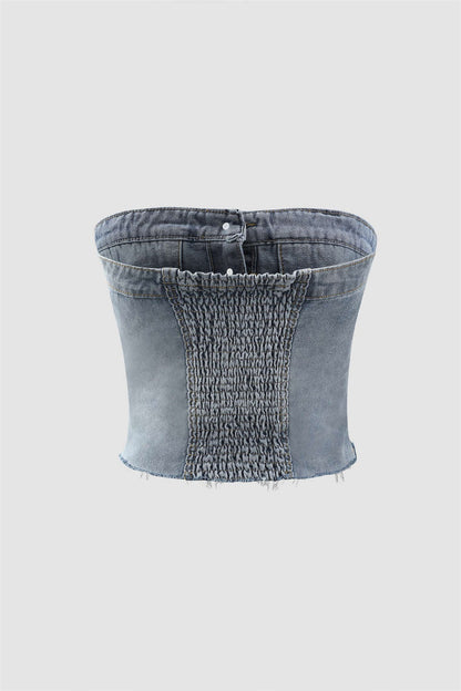Button Down Strapless Denim Tube Tops