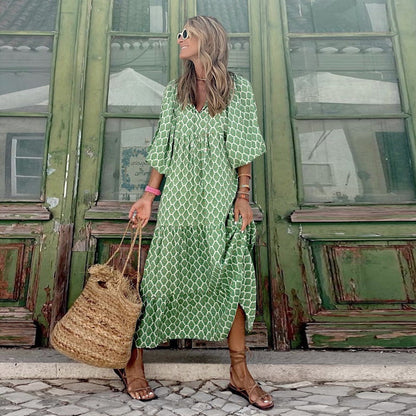 Geometric Patch Puff Sleeve Dress