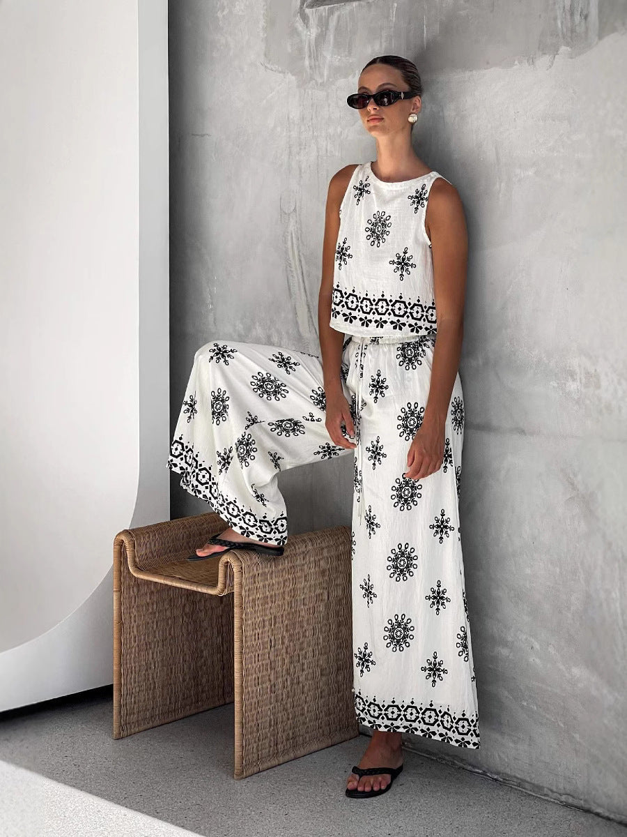 Elegant Floral Linen Waistcoat & Wide-Leg Trousers Set