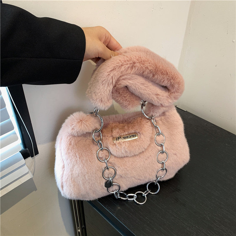 Fashionable Plush Shoulder Bag with Chain