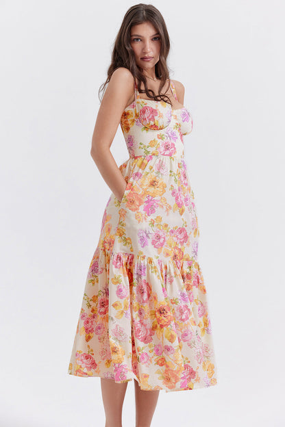 Corset Floral Midi Aline Spaghetti Dress