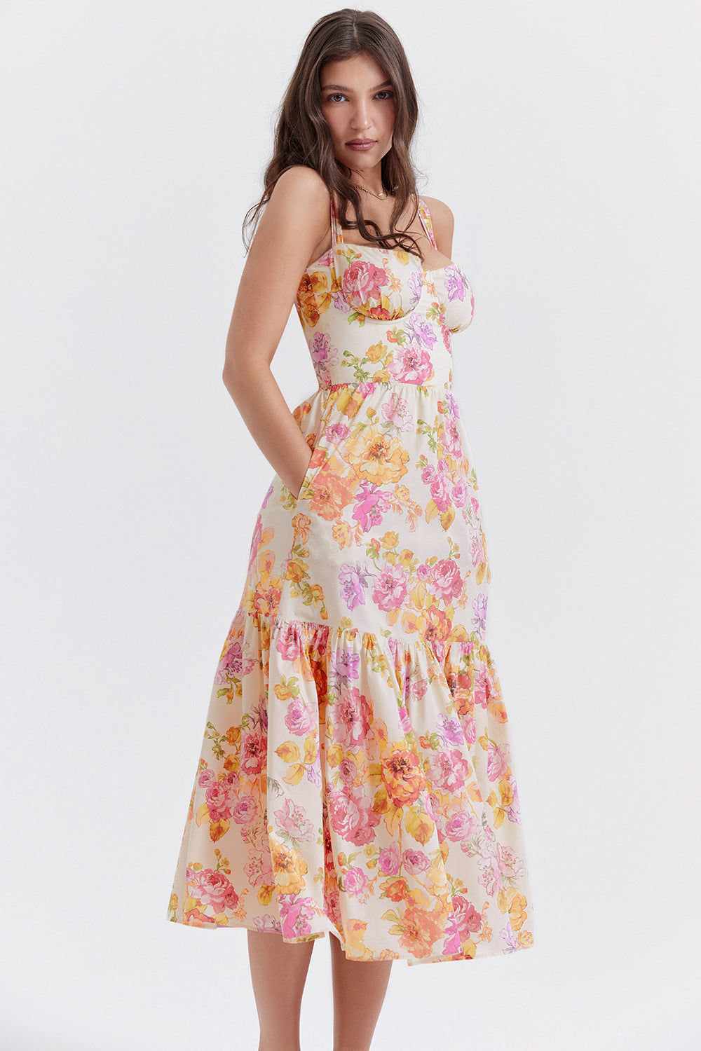 Corset Floral Midi Aline Spaghetti Dress