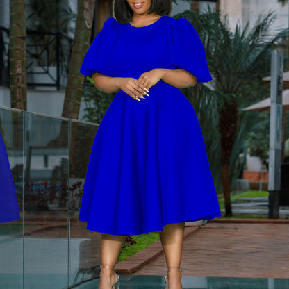 Elegant A-Line Dress With Puff Sleeves And Waist Tie