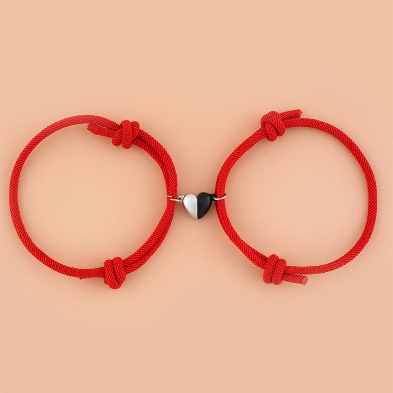 Fashionable Black And White Heart-Shaped Magnetic Buckle Milan Rope Braided Couples Girlfriends Bracelet Adjustable Bracelet