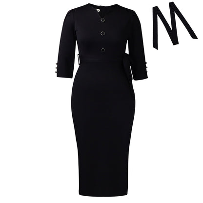 Elegant Solid Color Ol Dress With V-Neckline And Belt