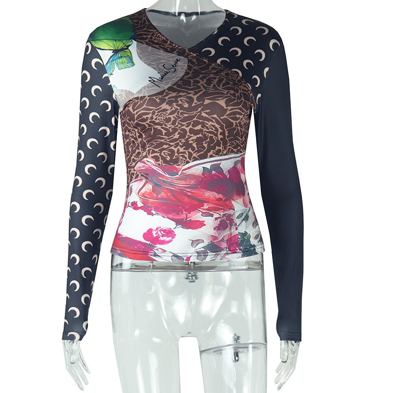 Stylish Floral Print V-Neck Long Sleeve T-Shirt
