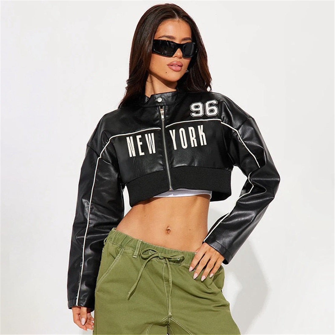 Trendy Zip-Up Faux Leather Jacket With Print For Women